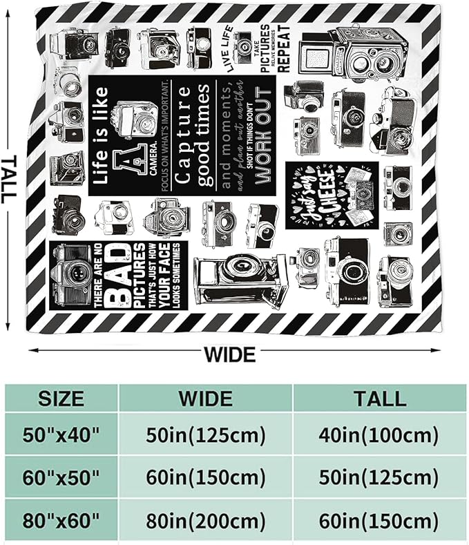 Yibuda Retro Camera Blanket Photography Flannel Plush Throw Blanket Cozy Black White Decor Fleece Stuff Blanket Gifts for Lover Girls Boys Kids Adults Women Bed Travel 60"x80"