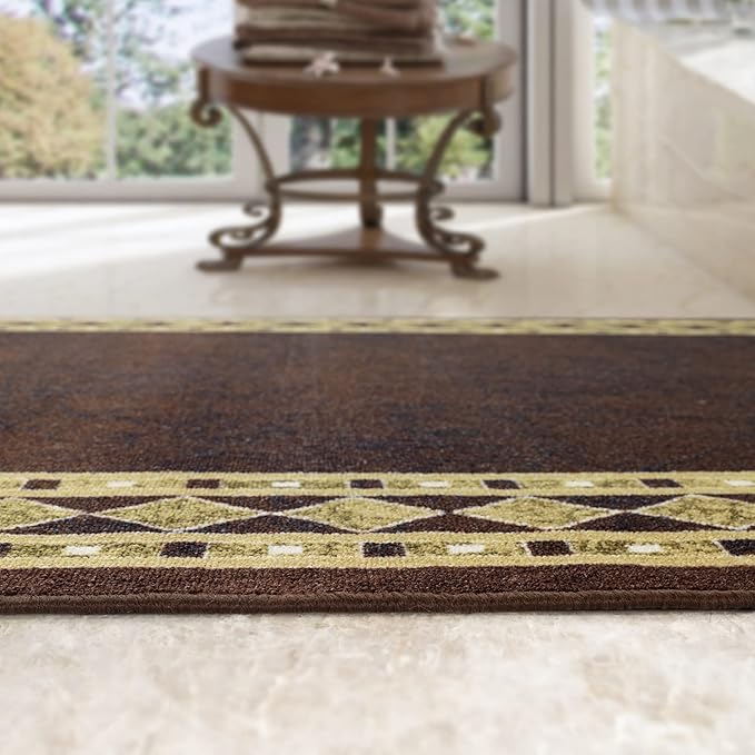 Antep Rugs Alfombras Modern Bordered 2x5 Non-Skid (Non-Slip) Low Profile Pile Rubber Backing Kitchen Area Rugs (Brown Beige, 2' x 5' Oval)