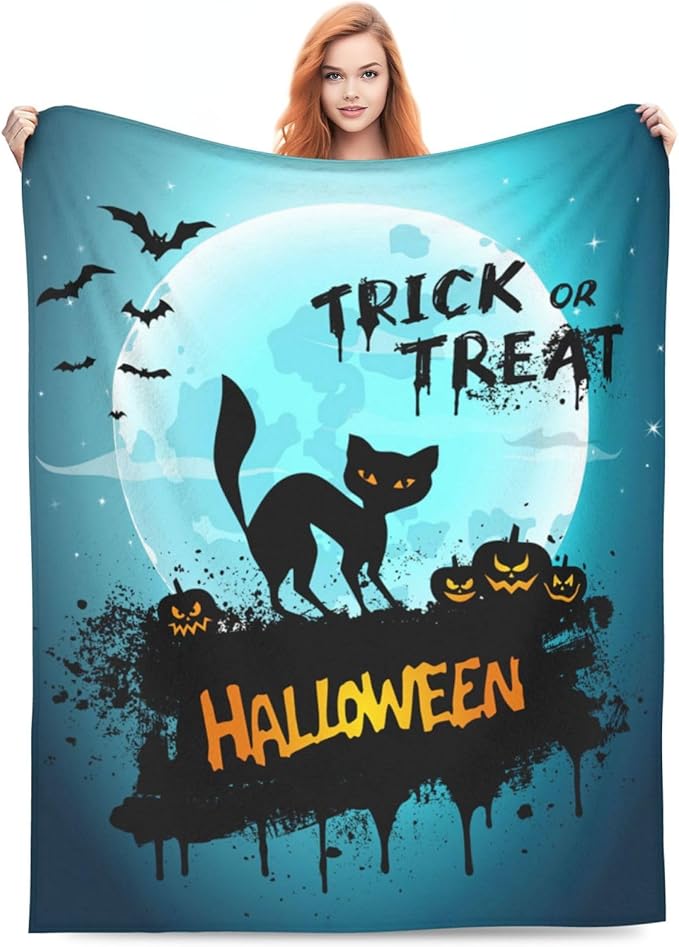 Halloween Blanket Cat Pumpkin Throw Blankets Cozy Fleece Flannel Horror Bedding Stuff Gifts for Men Women Boys Girls Teens Kids Adults for Couch Sofa Bed Decor 60"X80"