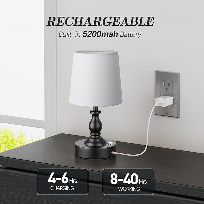 PARTPHONER Mini Cordless LED Table Lamp, 5200mAh Rechargeable Battery Operated Lamp, 3-Level Brightness, Touch Dimmable Desk Lamp, Bedside Night Light for Patio Camping Restaurant Home, Matte Black