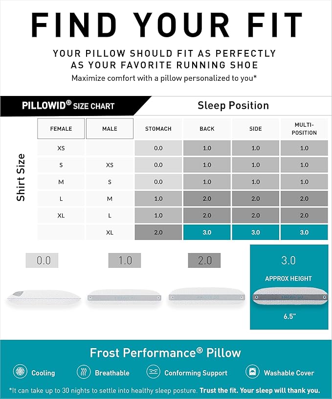 Bedgear Frost Performance Pillow - Size 3.0 - Cooling Bed Pillow for Hot Sleepers - Medium Firmness Pillow for All Sleep Positions, Hypoallergenic, Washable & Removable Cover - 20" W x 26" L x 6.50" H