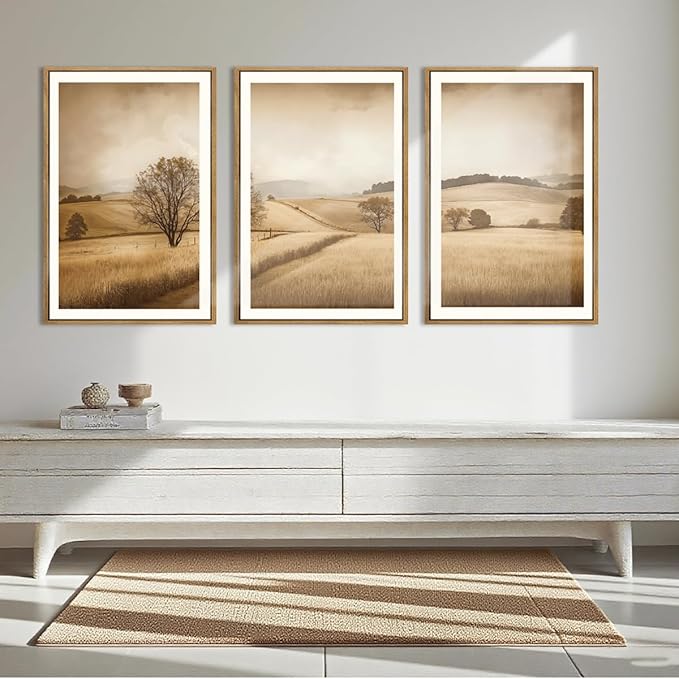 BINCUE Framed Countryside Wall Art Rustic Village Wall Decor Farmhouse Landscape Art Print for Living Room Bedroom Office 16x24 Inches Set of 3