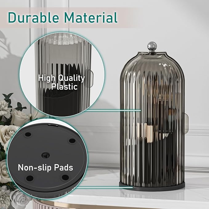 GAXmi Makeup Brush Holder with Lid Cosmetic Tools Organizer 360 Rotating Waterproof Dustproof Beauty Brushes Storage for Vanity, Black-Grey