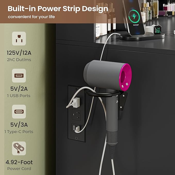 Vanity Desk with Mirror and LED Light, Large Makeup Vanity with Trifold Mirror and Charging Station, 5 Drawers for Storage, Black Modern Makeup Desk with Hidden Jewelry Hook for Bedroom, Women Girls