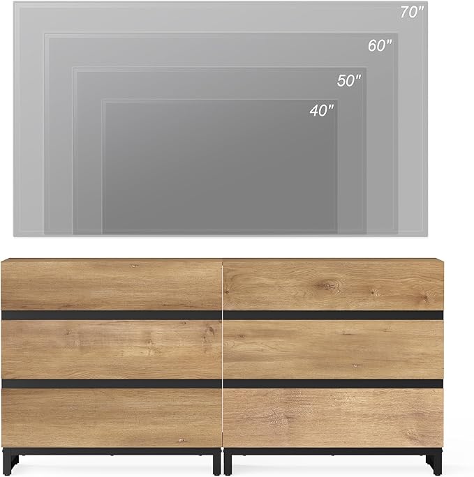 WAMPAT Modern TV Stand for TVs up to 70 inch, Entertainment Center TV Console Table with 6 Drawers and Metal Base, Media Console for Living Room, Bedroom, Oak