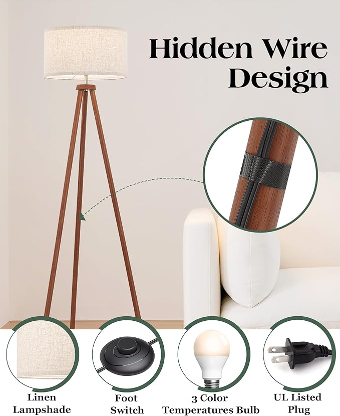 ELYONA Wood Tripod Floor Lamps for Bedroom, Vintage Standing Light 3 Color Temperatures LED Bulb Included & Beige Linen Shade, Tall Floor Lamp for Living Room Office Study Room, Brown & Nickel Metal