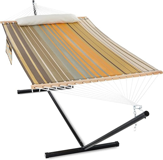 Waterproof Double Hammock with Stand for Outside Heavy Duty, 2 Person 55'' Large Quick Dry Textilene Hammocks with Hardwood Spreader Bar, Pillow, Pockets, for Outdoor, 475lbs Capacity (Coffee)