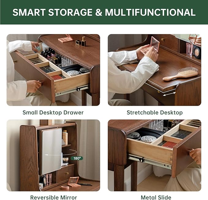 Small Vanity Desk with Mirror, Solid Wood Dressing Table, Movable Drawer Divider, Extendable Table Board for Bedroom, Walnut Color, 33" D x 16.5" W x 50" H