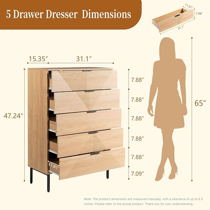 5 Drawer Dresser for Bedroom, Fluted Tall Dresser for Closet, Wooden Chest of Drawers for Living Room, Hallway