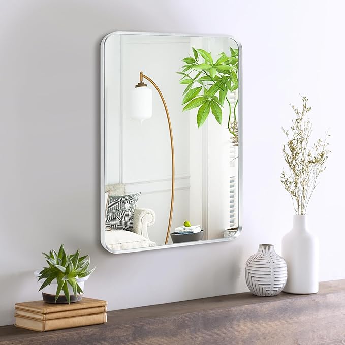 Wall Mount Small Mirror, Brushed Silver Metal Framed Rounded Corner Rectangular Makeup Mirror for Bathroom, Bedroom, Living Room (12" x 16", Silver)