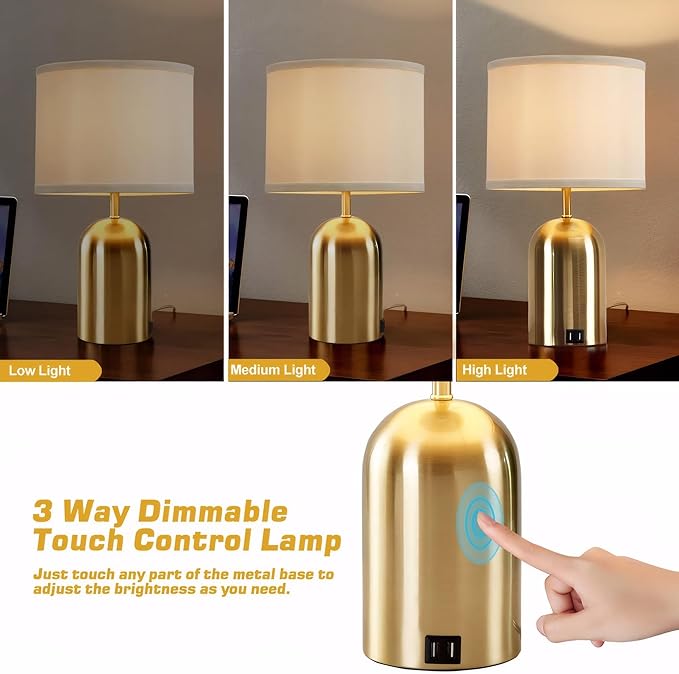 GyroVu Bedside Lamp with USB Port, Touch Control Table Lamp for Bedroom 3 Way Dimmable Modern Nightstand Lamp with Fabric Shade Gold Base for Living Room, Dorm, Home Office, LED Bulb Included