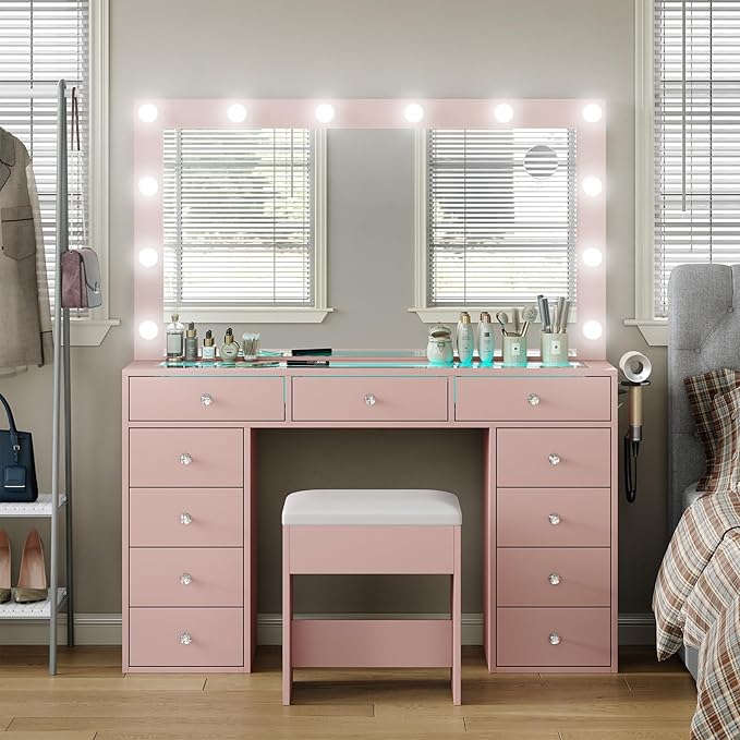 Vanity Desk with Mirror and Lights, Makeup Vanity Desk with Lights 3 Colors, LED Reinforced Glass Vanity, Makeup Vanity with 11 Storage Drawer, Dressing Table for Bedroom Dressing Room (Pink)