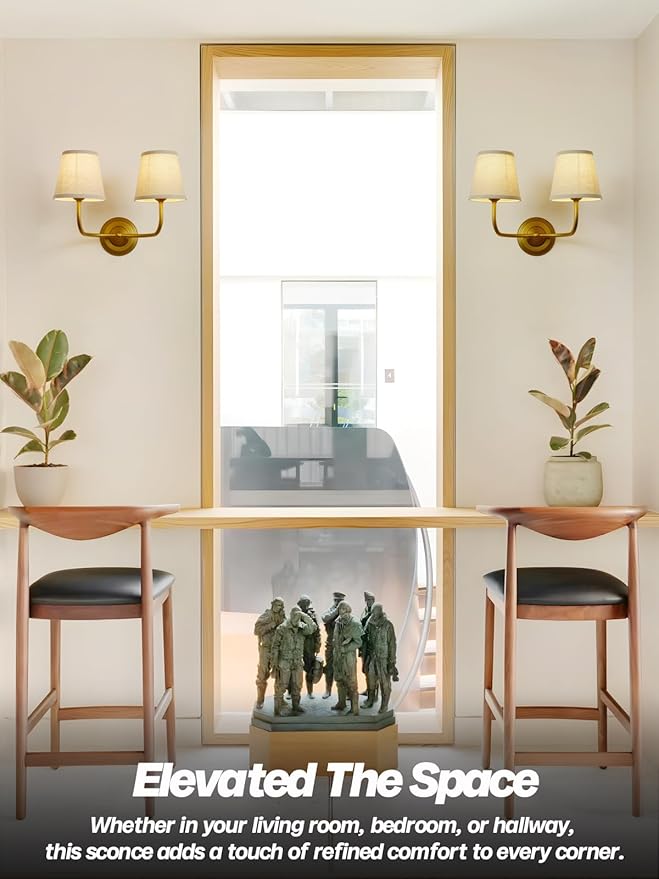 Vintage 2-Lights Fabric Wall Sconce with Linen Cloth Shade, Double Arm Wall Lamp Fixture for Bathroom Bedroom Living Room Hallway