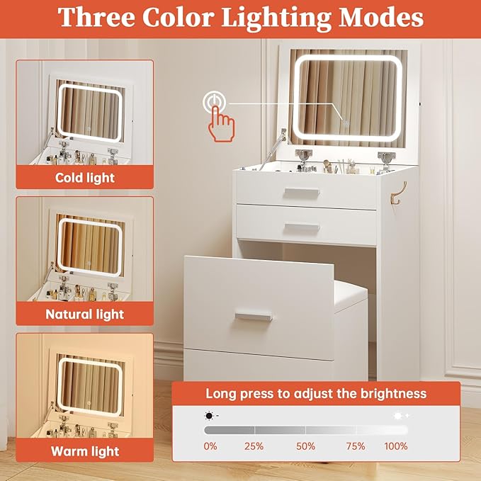 Compact Vanity with 3 Drawers, 3 in 1 Vanity Desk, Makeup Desk with Flip-up 3 Colors Lighting Mirror and Cushioned Stool, Small Vanities Nightstand Perfect for Bedroom, White