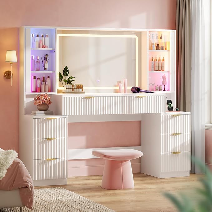 Big Vanity, 59.1" Fluted Wood Makeup Vanity Desk with Mirror and Sound Sync LED Lights, Large Vanity Dressing Table, 8 Drawers, 2 Glass Cabinets, with Charging Station for Girls, Women (White)