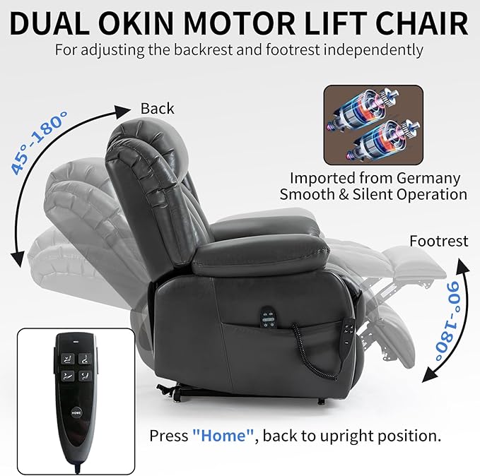Dual Motor Large Recliner with Massage and Heat, Power Lift Chairs for Elderly, Breathable Leather Recliner Chairs for Adults with 2 Remote Controls, Dark Grey Big and Tall Recliner