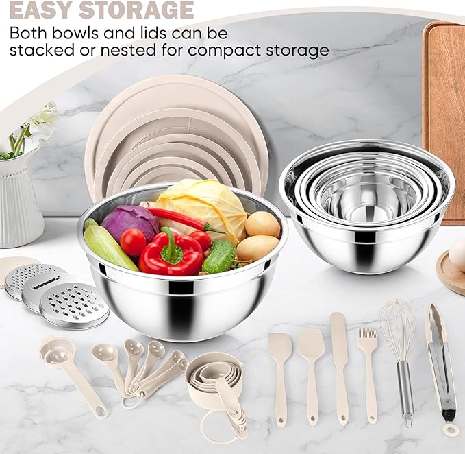 E-far 25PCS Mixing Bowls with Lid Set, Stainless Steel Nesting Prep Bowls with Grater Attachments Non-Slip Bottoms for Cooking, Serving, Food Storage, 4.6/2.6/2/1.5/1/0.7QT - Khaki