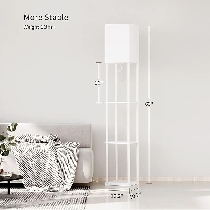 SUNMORY Shelf Floor Lamp with 3-Way Dimmable LED Bulb, Modern Square Standing Lamp with Shelves and White Shade, Corner Display Bookshelf Lamp for Living Room and Bedroom(White)