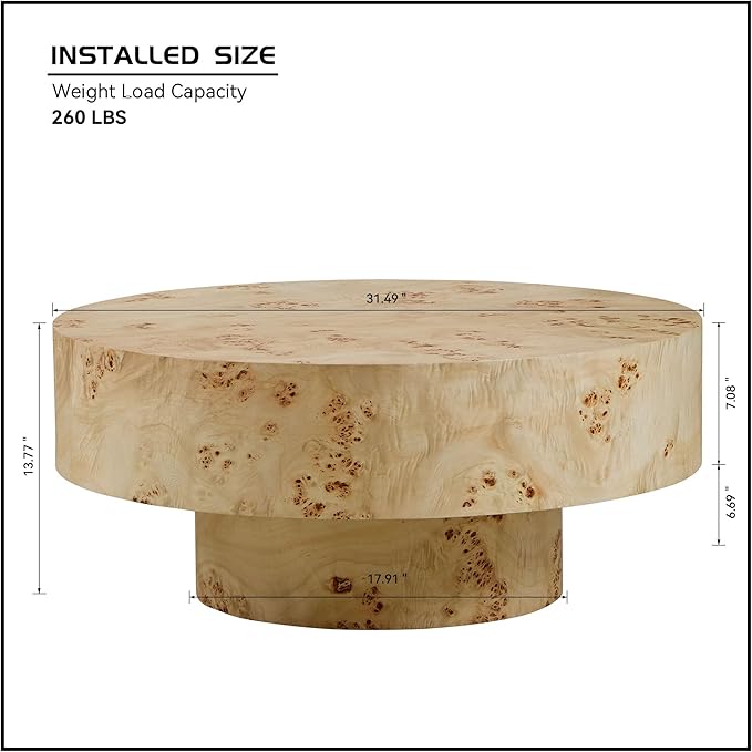 Round Coffee Table for Living Room, Accent Drum Coffee Table with Storage, Modern Burl Wood Vener Circle Center Tea Table for Small Space Apartment (31.5''D×14''H-Natural)