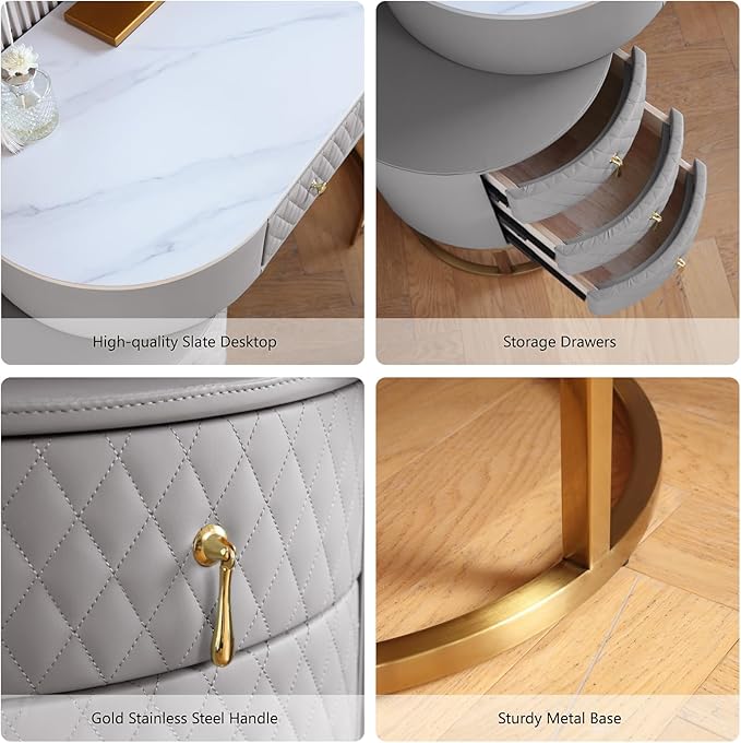 Faux Leather Makeup Vanity Desk Set with LED Lighted Mirror Luxury Dressing Makeup Table with Storage Drawers & Vanity Stool, Gray