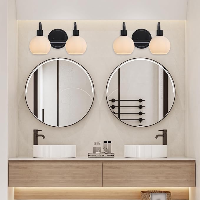2-Light Black Bathroom Light Fixture, Milk White Globe Wall Sconce Lamp for Hallway Bedroom Foyer Cabinets, Modern Vanity Lights E26 Socket