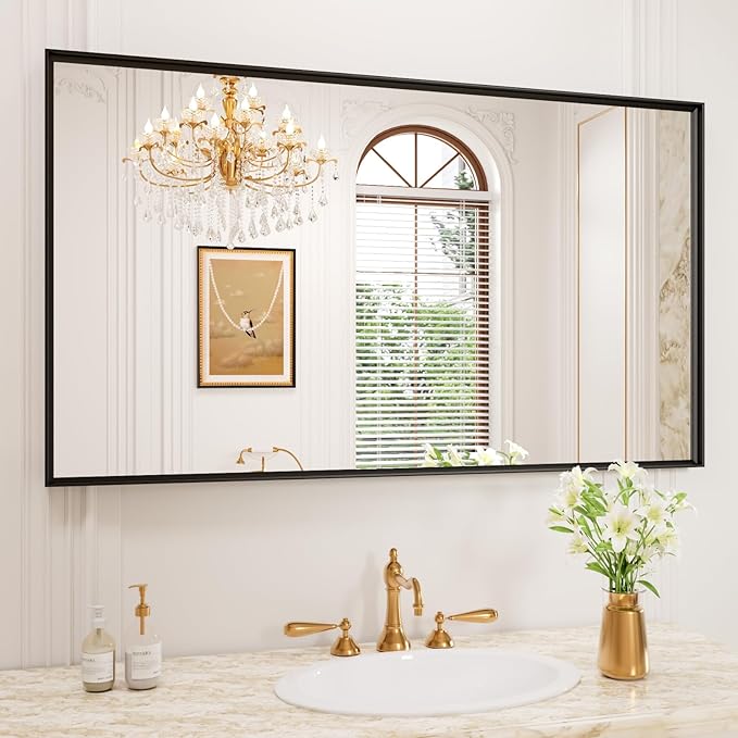 50x30 Inch Black Bthroom Mirror, Black Metal Frame Vanity Mirror for Wall, Square Corner, Rectangle, Tempered Glass, Anti-Rust (Horizontal/Vertical), Bedroom, Living Room, Entryway