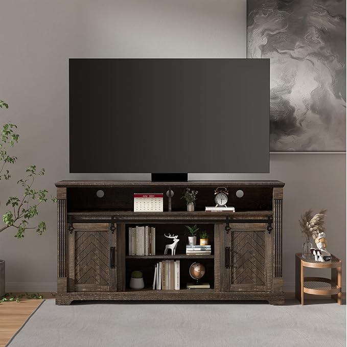Farmhouse TV Stand for 65+ Inch TV, 31" Tall Entertainment Center with Adjustable Shelf, Rustic Media Console with Sliding Barn Door, Wood Television Stand for Living Room, Dark Rustic Oak
