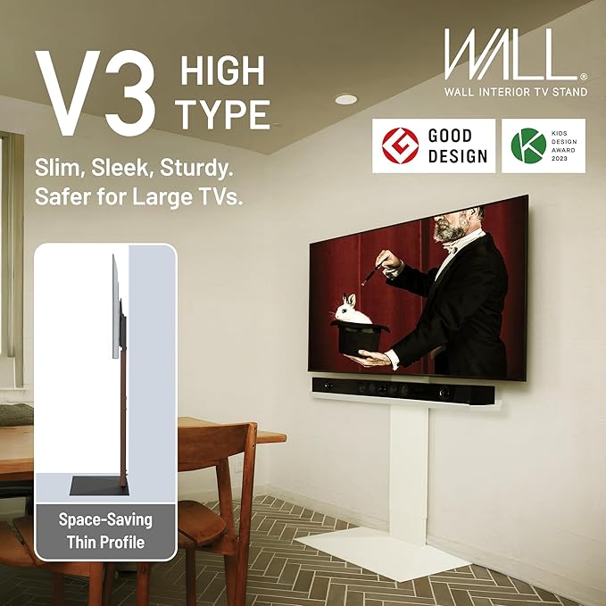 WALL V3 High Type | Sleek 32-80 Inch Universal Ultra Thin TV Stand | Satin White | for Living Room and Bedroom, Space Saving, Adjustable Mount, No Drill, Japan-Engineered Design