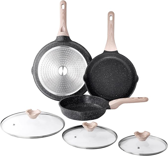 Nonstick Frying Pan Set with Lids, 3 Piece Skillet Set, Healthy Induction Cooking Pan, Stay-Cool Handle, Compatible with All Stovetops, PFOA Free (8, 9.5, 11 Inch)