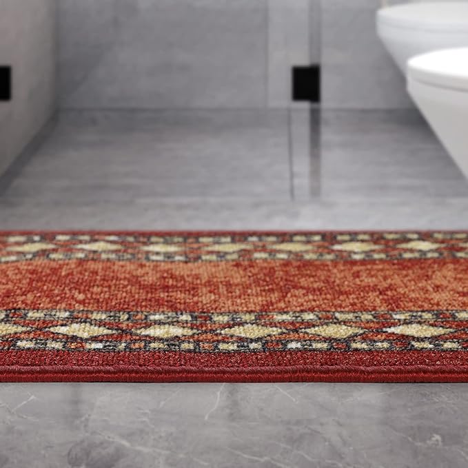 Antep Rugs Alfombras Modern Bordered 2pc Non-Skid (Non-Slip) Low Profile Pile Rubber Backing Indoor Kitchen Runner Rugs (Maroon Beige, 2pc Set)