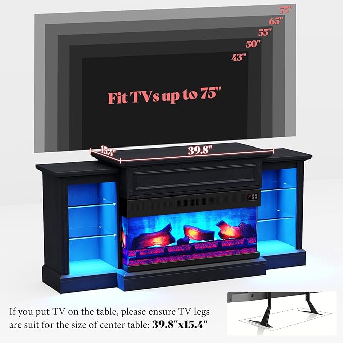 AMERLIFE 70" Farmhouse Electric Fireplace TV Stand, 3-Sided Entertainment Center with Mantel for TVs up to 75", Adjustable Shelves & LED Lights, Antique Black