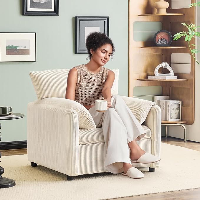 Corduroy Single Sofa Chair Modern Upholstered Accent Chair for Reading Comfy Living Room Chairs with Side Pocket Oversized Armchair for Bedroom, Office(Beige)