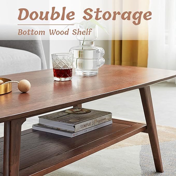 Wood Coffee Table - 100% Solid Oak Wood - Double Storage Coffee Table, Eco-Friendly Finish Center Table - Easy Assembly (Walnut, 47.24" D x 22.04" W x 17.32" H)