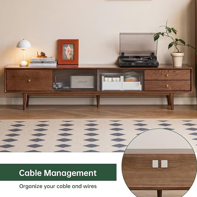 78.74" L Solid Oak Wood TV Stand for 70-85 Inch TVs, Glass Sliding Door TV Console with Three Drawers, Entertainment Center with Storage Cabinets TV Stands for Living Room (Walnut Color)