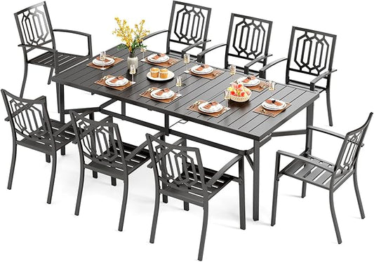 PHI VILLA 9 Pieces Outdoor Dining Set for 8, Rectangular Metal Steel Table with Umbrella Hole & Stackable Wrought Iron Chairs, Large Dining Furniture for Patio, Deck, Yard, Porch