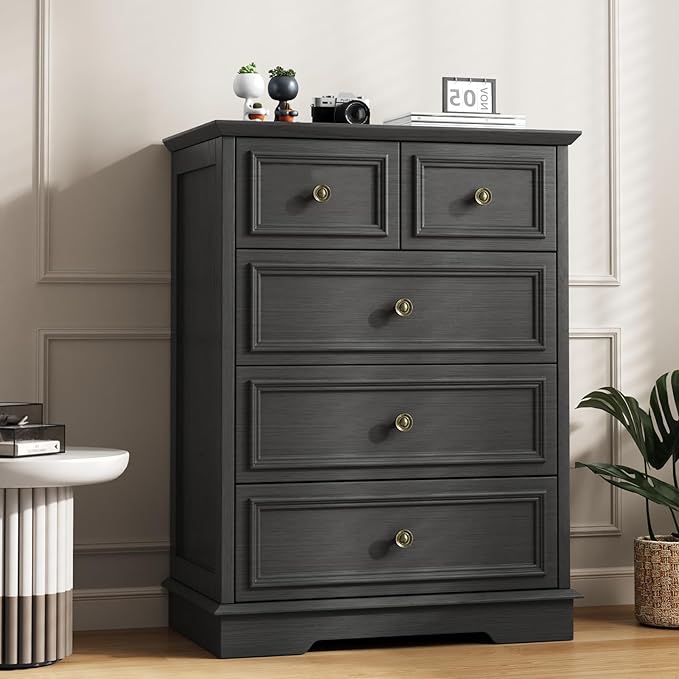 5 Drawer Dresser for Bedroom, Black Wooden Dresser and Chest of Drawers with Metal Handle, Bedroom Drawer Dressers for Living Room, Entryway, Hallway