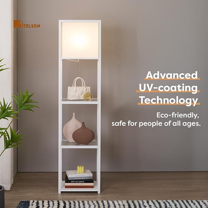 Floor Lamp with Shelves, Modern Standing Lamp with Tempered Glass, Large Display Shelf Lamp, Tall Lamps with Shelves for Living Room, Bedroom, Office, White