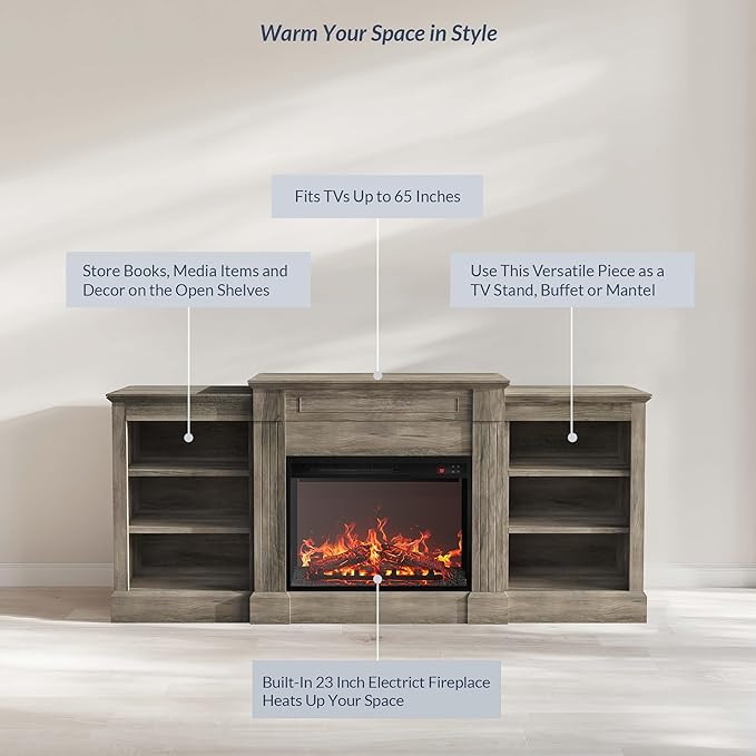 BELLEZE Modern 66" Electric Fireplace Heater Mantel TV Stand & Media Entertainment Center for TVs up to 66" with Energy-Efficient Heater with Sound and Side Shelves - Lenore (Grey)