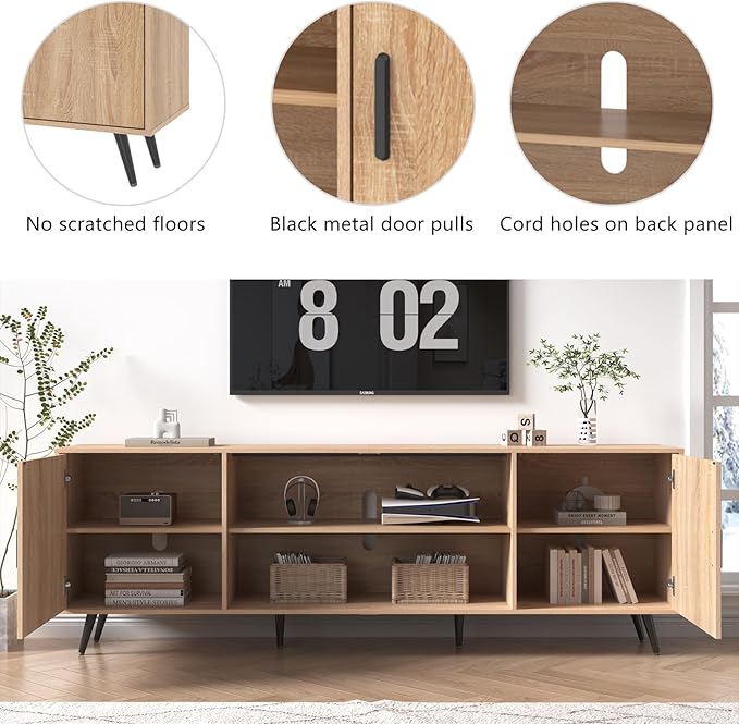 AUXSOUL 80 Inch Mid Century Modern TV Stand for 75 Inch TV, Wood TV Stand with Storage, Entertainment Center for Living Room Bedroom, TV Media Console, Oak