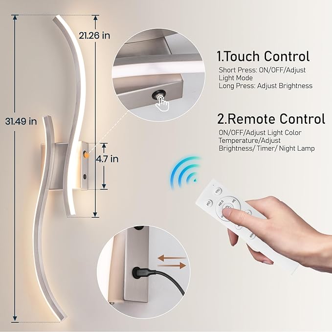 Battery Operated Wall Sconces Set of 2, Rechargeable Dimmable Battery Wall Light with Remote Control, Brushed Nickel LED Wireless Wall Light for Living Room Bedroom Hallway，31.5inch (Brushed Nickel)