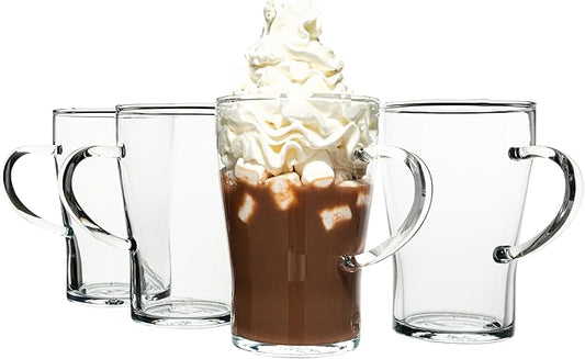 Simax Glassware Clear Glass Coffee Mug Set | Cold, Heat, and Shock Resistant Borosilicate Glass, Microwave and Dishwasher Safe, Includes Four (4) 10 Ounce Cups