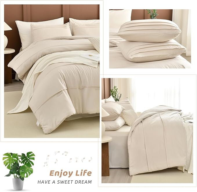 Sanracie Cotton Comforters Queen Size(90"x 95"),Pinch Pleated Wheat Colored Super Soft Lightweight Bedding Set 3Pcs Breathable Comforter Sets for All Season