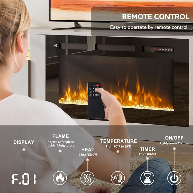 oneinmil 80” TV Stand with 36” Electric Fireplace, Large Modern Media Entertainment Center with Storage Cabinet and 12 Colors LED Lights for TVs Up to 90", Gray TV Stand and Black Fireplace