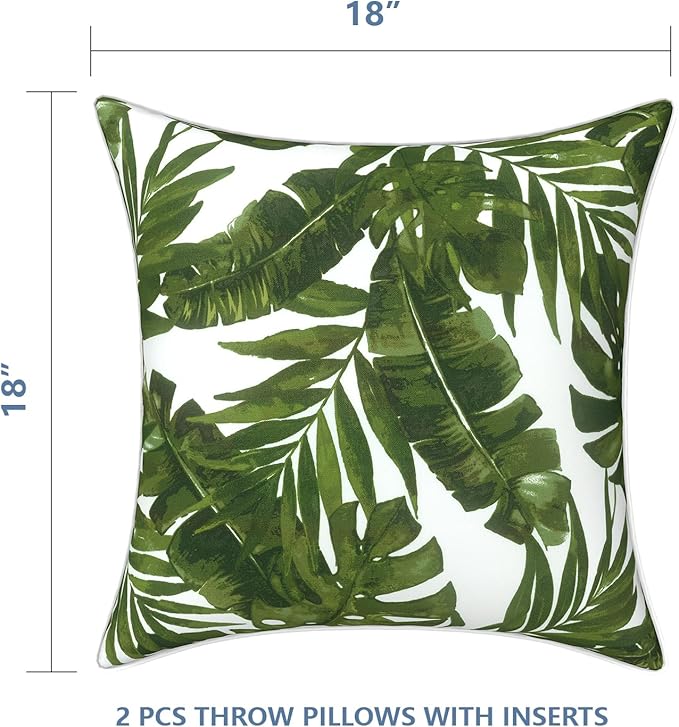 LVTXIII Outdoor Throw Pillows 18x18 Patio Waterproof Square Pillows with Piping Fade Resistant Accent Pillow for Spring Summer Garden Decoration, Set of 2, Palms Green