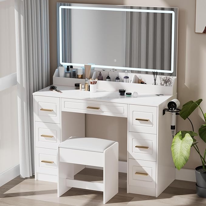 Vanity Desk with Mirror and LED Lights, 43'' W Makeup Vanity Desk with Power Outlet, 3 Color Modes, 7 Drawers Vanity Table with Chair, Dressing Table for Bedroom, Dressing Room