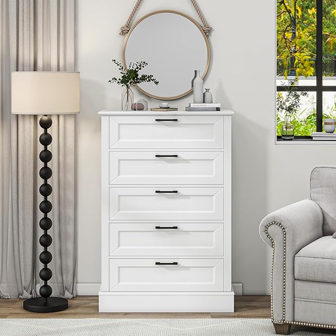 White Dresser for Bedroom, Wood Dresser with 5 Drawers, Chest of Drawer for Bedroom Living Room Entryway Hallway, Modern Farmhouse Style Black Handles 47" Tall