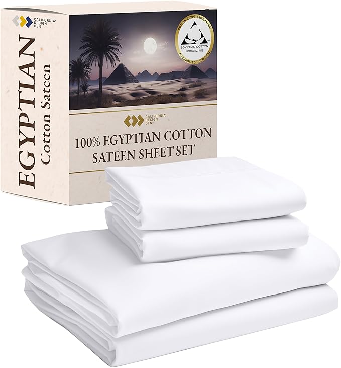 California Design Den Certified 100% Egyptian Cotton Sheets Queen Size, Luxury Queen Sheet Set with Deep Pocket, Soft Sateen Weave, Wrinkle-Resistant, Cool & Durable Bed Sheets, White Sheets