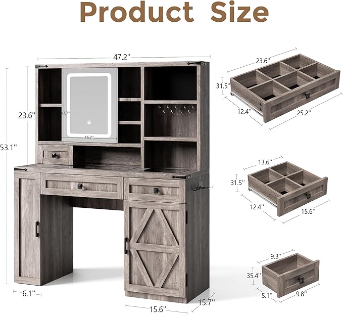 Farmhouse Makeup Vanity Desk with Sliding Mirror and Lights, Glass Desktop Makeup Vanity Desk with Charging Station, 3-Tier Hidden Slide-Out Vanity Shelves, Jewelry Storage Cabinet, 2 Drawers-Grey