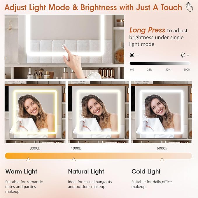 Farmhouse Vanity Desk with Mirror and Lights,White Makeup Vanity with 5 Drawers & Hidden Storage,Rustic Large Dressing Table with Charing Station & Shelves for Bedroom