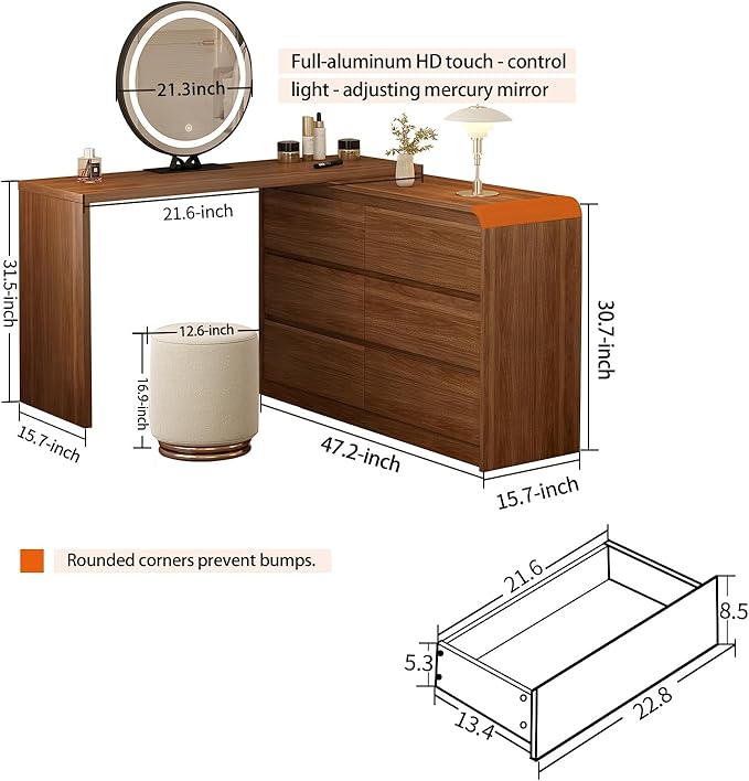 Makeup Vanity Desk with Full Aluminum HD Lighted Mirror, 50-90in Extendable Modern Vanity Table Set with Chair, 6-Drawer Storage Cabinet with Rounded Corners, Bedroom Dressing Table, Brown